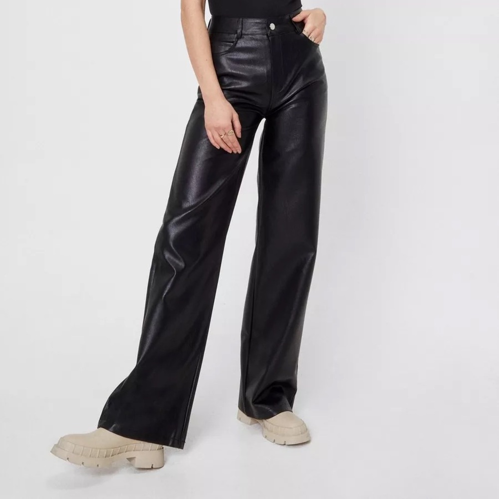 Faux Leather Wide-Leg Trousers- black